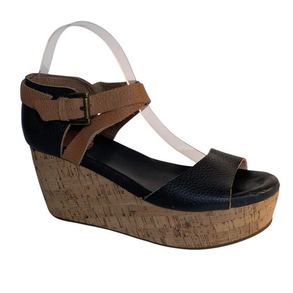 Anthropologie Shoes - GEE WAWA Black Tan Cork Wedge Platform Ankle Strap Sandals Women's Size 9.5